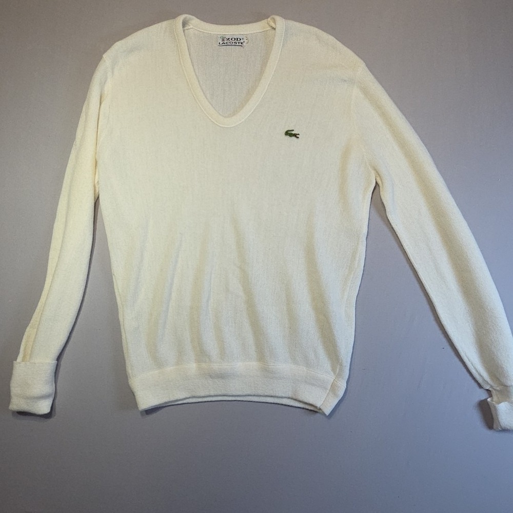 Izod Lacoste Vintage Sweater Women Large Ivory V Neck Alligator Logo Preppy